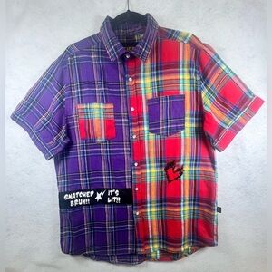 Kleep Men’s Flannel Shirt Long Sleeve Half & Half Button Down Plaid Patch XL B40